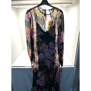 Florere Pleated Floral Maxi Dress Chemise Liner Long Sleeve Tie Back Pink SZ 4